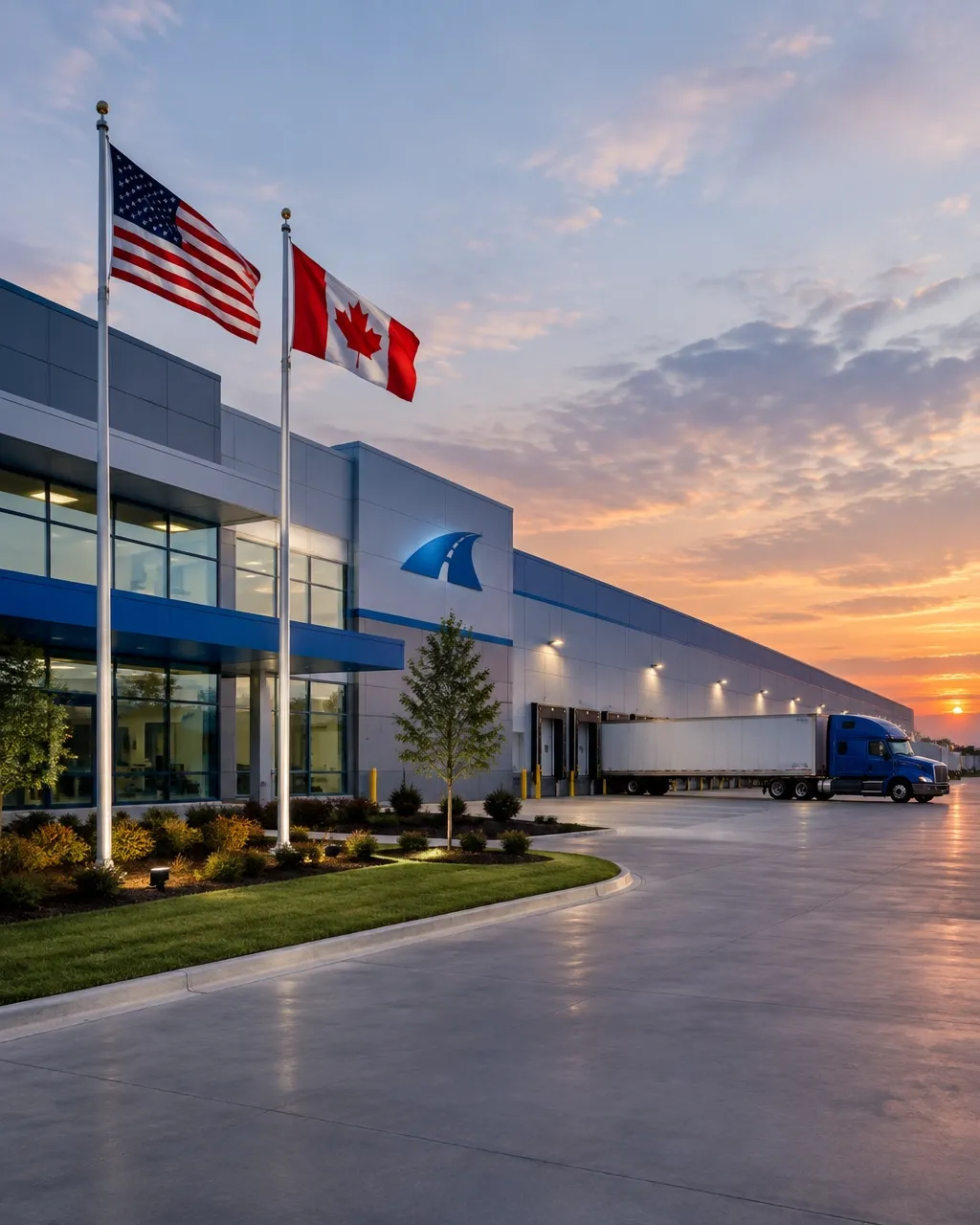 Durandisse logistics facility with United States and Canadian flags