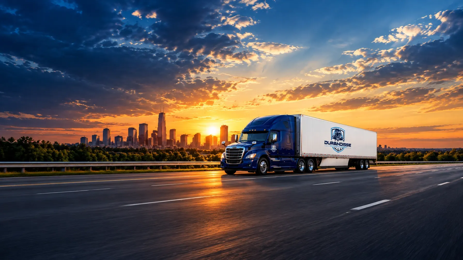 Blue Durandisse-branded Class 8 tractor with a dry-van trailer on a U.S. highway at sunset