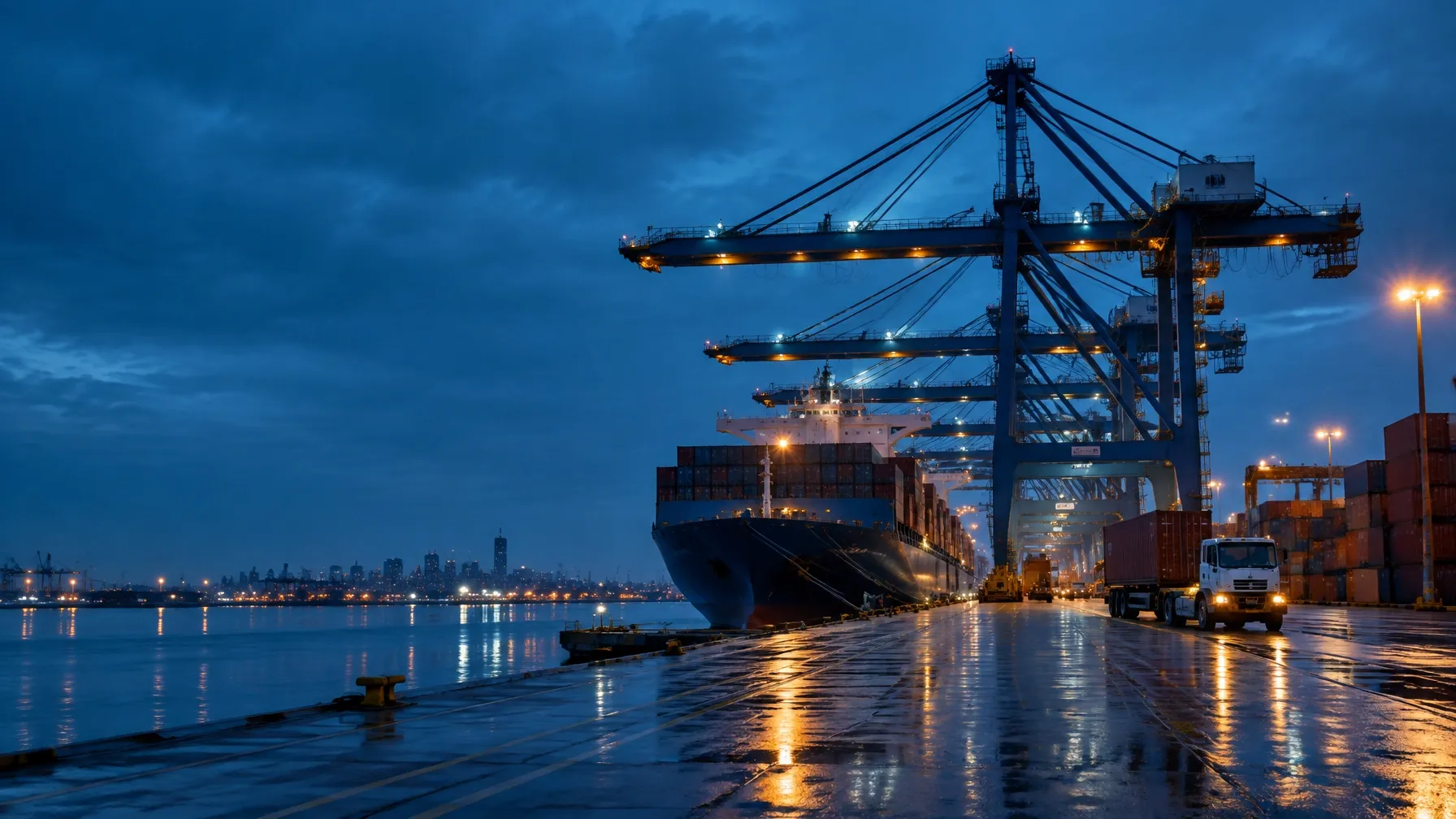 Cargo port illuminated at night